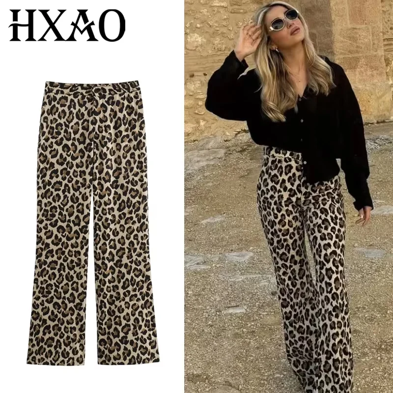 HXAO, pantalones Vintage de leopardo para mujer, pantalones holgados con estampado Animal de cintura alta, ropa de calle para mujer, pantalones anchos de verano, pantalones Retro para mujer