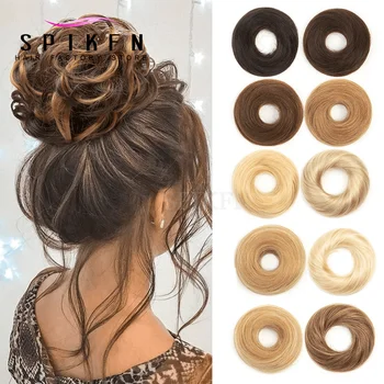 SPIKFN Straight Messy Hair Bun Hair Piece with Elastic Band Human Hair Ponytail Chignon Donut Updo Extension for Ladies