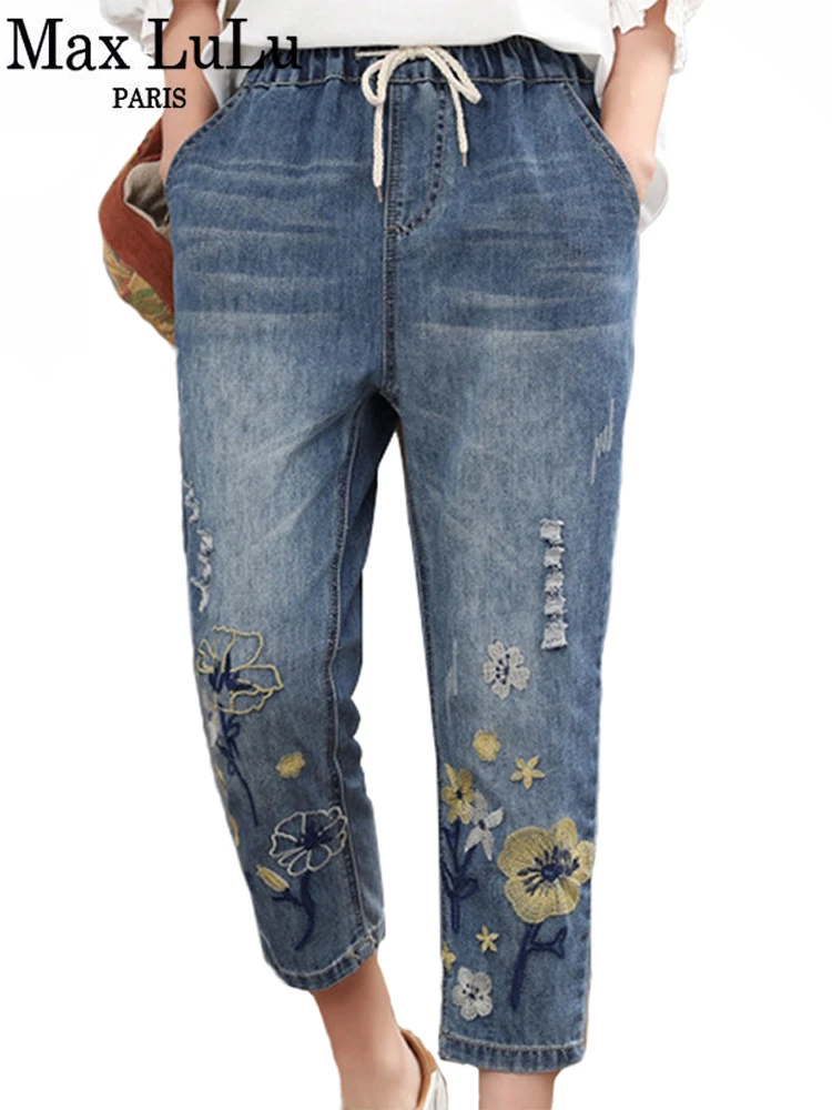 Max LuLu 2024 Chinese Summer Fashion Style Ladies Vintage Embroidery Jeans Women Casual Floral Denim Trousers Ripped Harem Pants