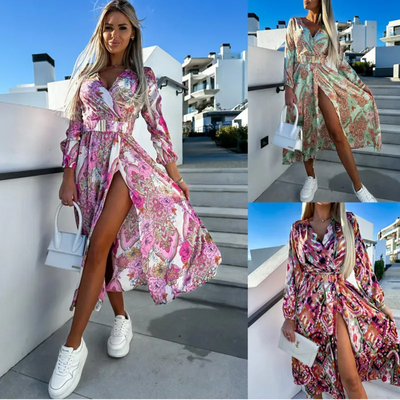 

Gradient Printed V-neck Long Sleeved Sexy Women's Dress Summer Slim Slit Evening Party Long Dress Temperament High Waisted Dress