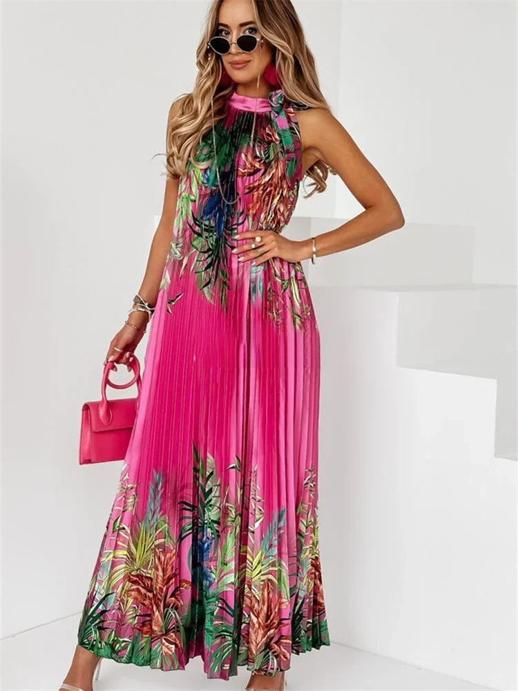 Wmstar Women Dress Lady Casual Loose Halter Pleated Maxi Fashion Leaf Print Sleeveless Beach Boho Elegant Halter Long Dresses