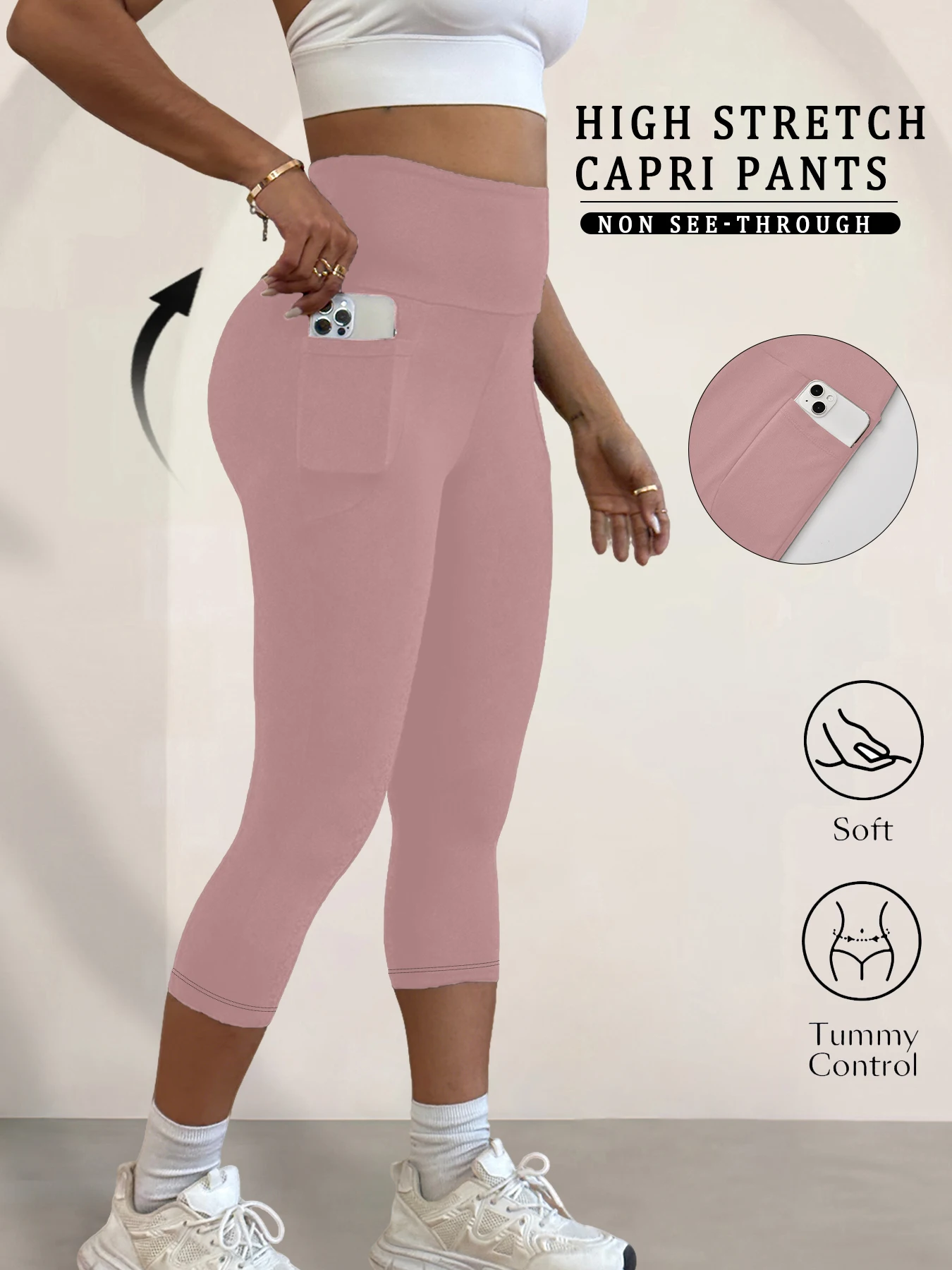 Super Soft Pants for Women High Waisted Capri with Pockets Tummy Control No See Through Running