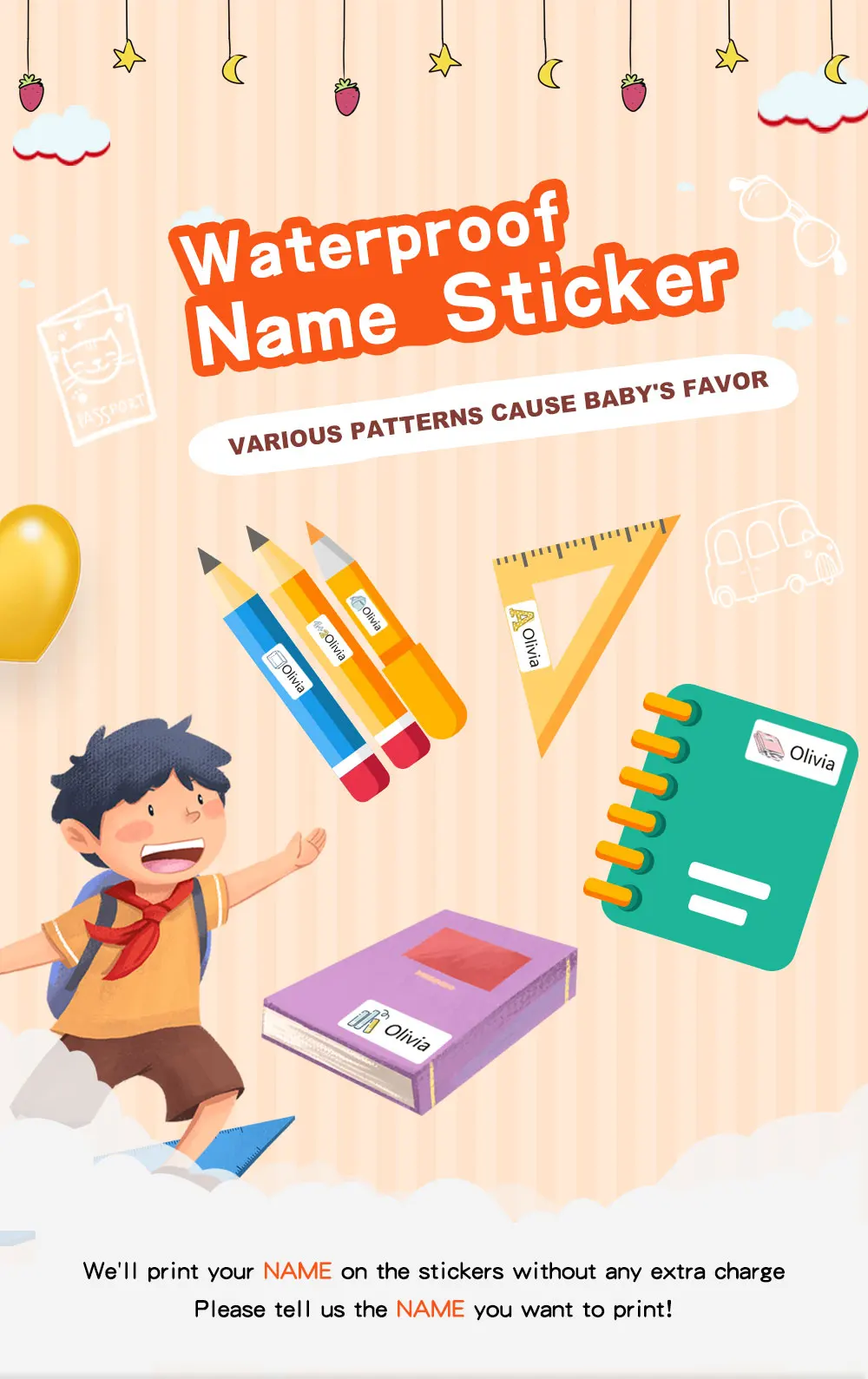 Description Picture 2 of itemCustomize Spain Name Stickers Waterproof Cute Cartoon Pattern Labels Personalized Children Boy Girl School Stationery Sticker