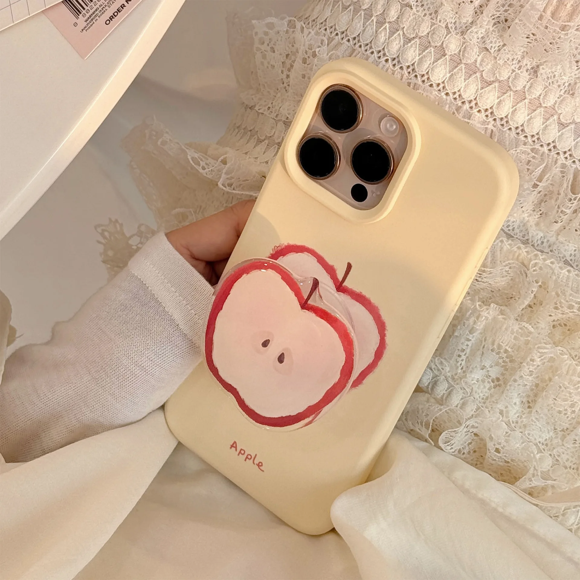 Korean Red Apple Graffiti Phone Case with Holder Lanyard - Soft Silicone Shockproof Cover