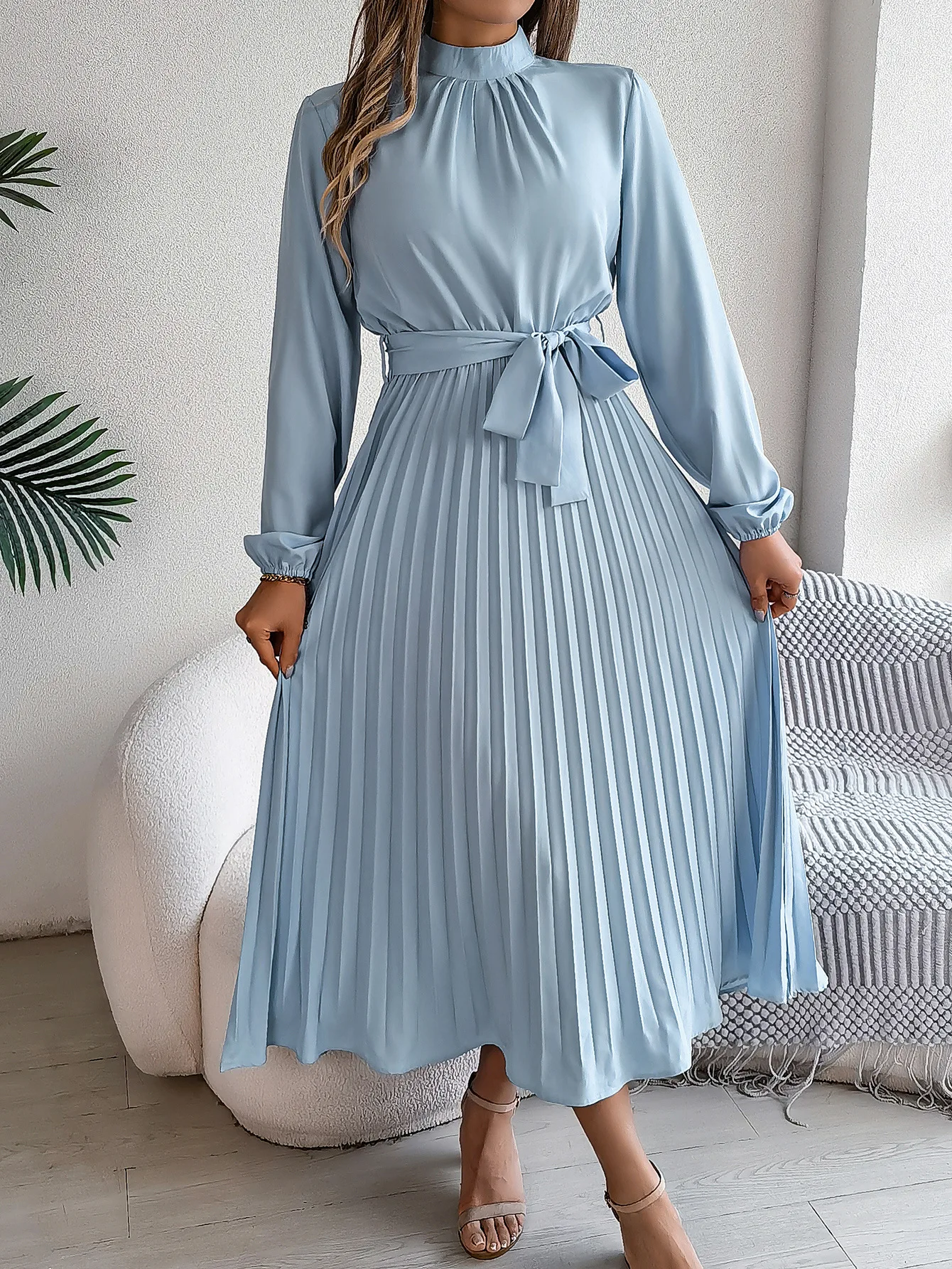 Solid Stand up Collar Bridesmaid Dress Spring Summer Casual Elegant Long Sleeve Waist Cinched Pleated Long Dresses for Women