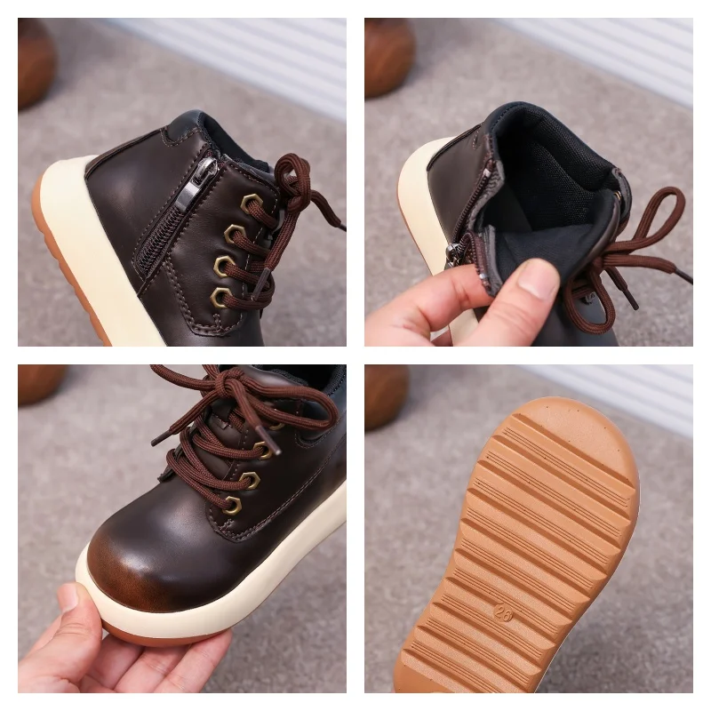 Leather Kids Ankle Boots Non Slip Thick Sole Autumn School Boots