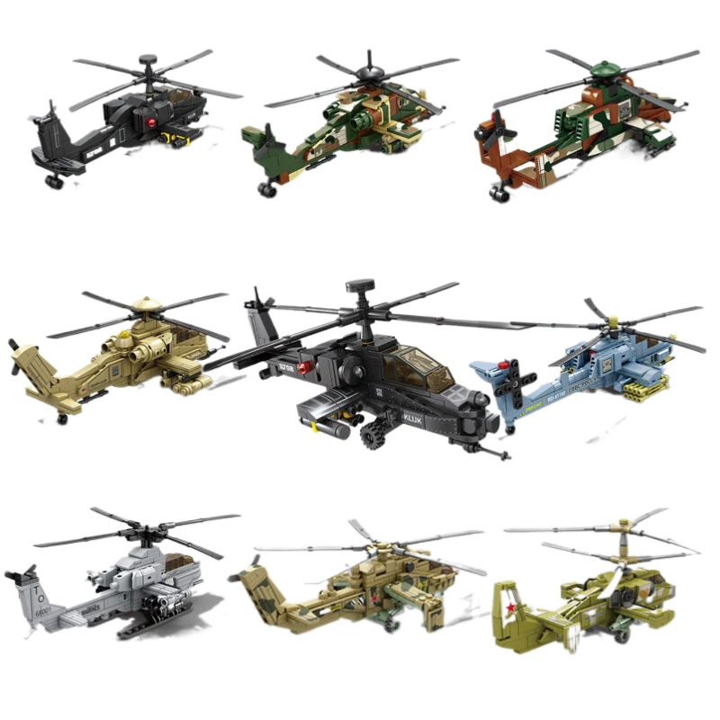 Set Di Elicotteri Kzi Ah-64 Gunships Model Building Blocks World War Ww2 Army Fighter Fire Rescue Huey Copter Bricks Police City
