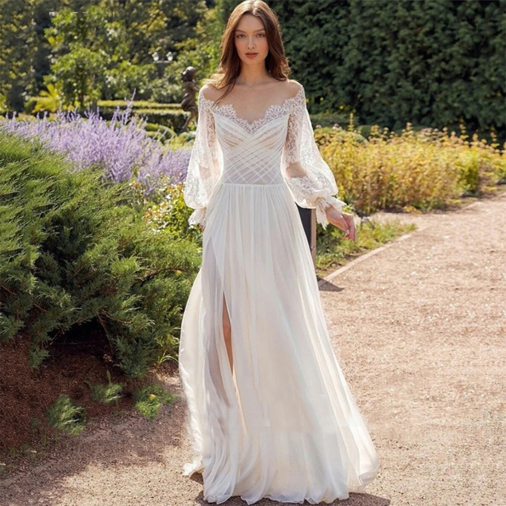 

Sexy V Neck Lace Boho Wedding Dress Off The Shoulder Lantern Sleeve A Line Chiffon Bohemian Vestido De Noiva With Button