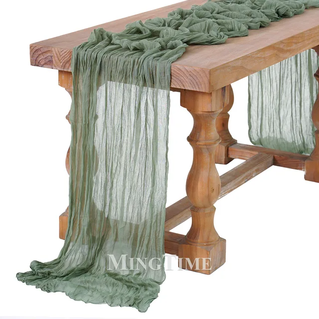 Pleated Table Runner Semi-Sheer Gauze Sage Cheesecloth Table Dining Vintage Wedding Party Bridal Christmas Decoration