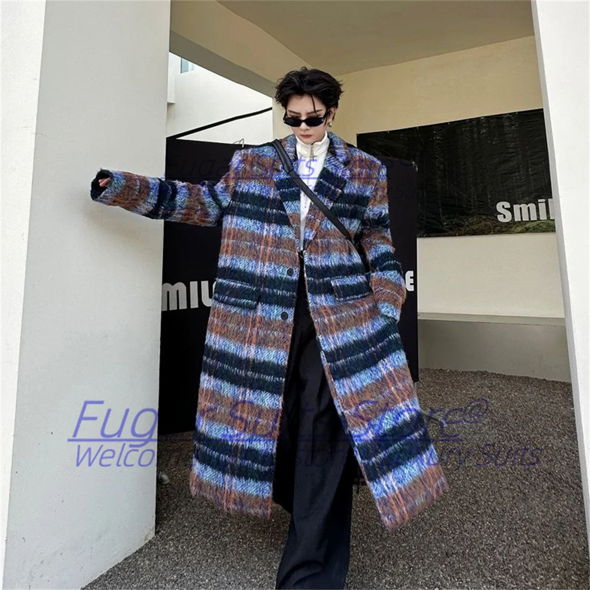 

Autumn and Winter Korean Superior Feeling Over The Knee Plaid Wool Coat Fashion Long Trench Coat Formal Prom Party Ropa Hombre
