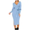 Women's Elegant V Neck Wrap Knit Sweater Dress Long Sleeve High Slit Sexy Midi Dresses with Belted Solid Color Casual Dress 5