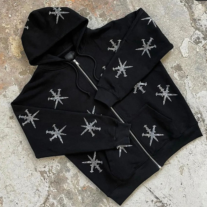 Y2K Gothic Cross Rhinestone Print Oversized Zip Hoodie Men's Winter New Red  Sweatshirt Casual Hoodie Jacket Streetwear - AliExpress