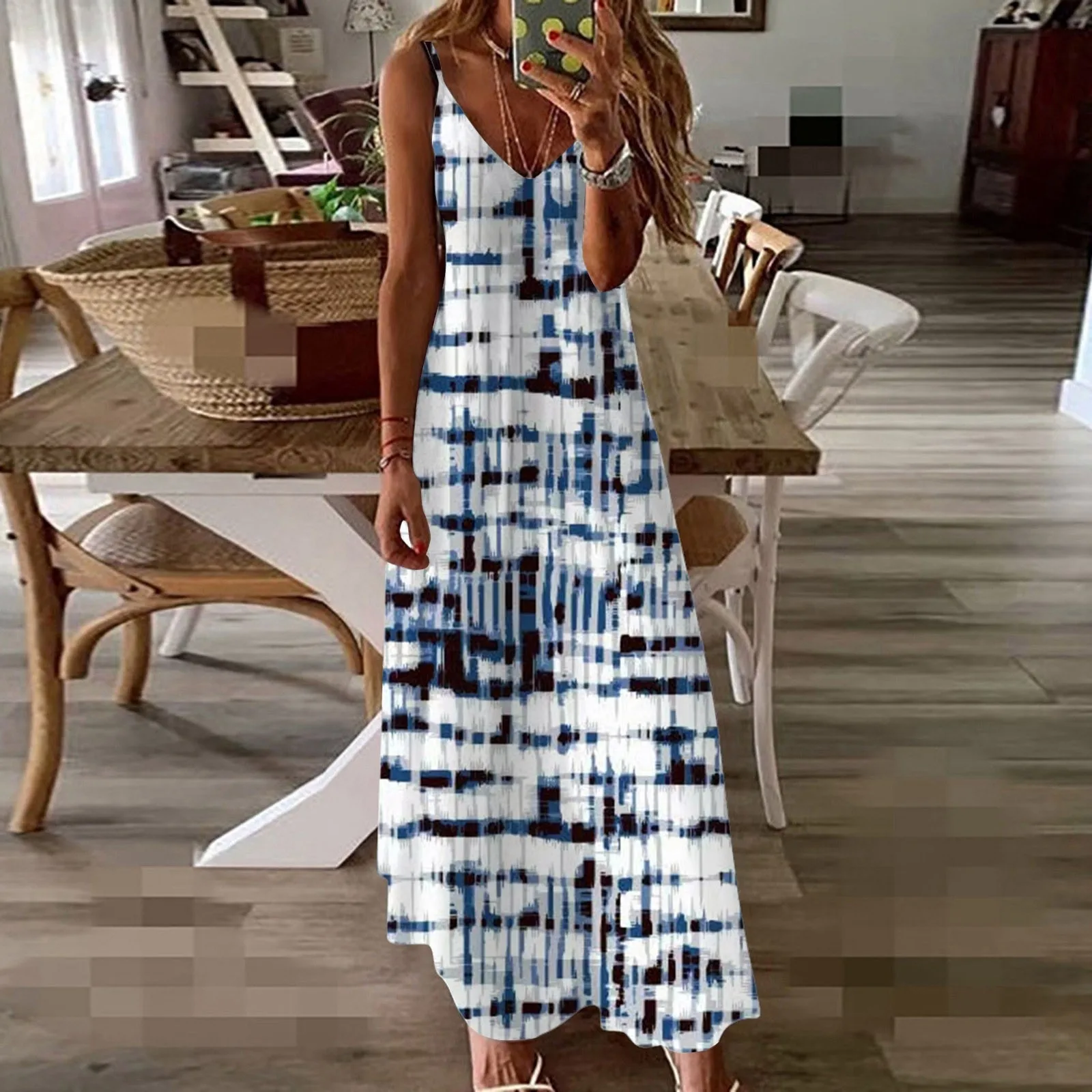 

Women's Summer Dress Casual Spaghrtti Strap Long Dress Fashion V-Neck Sleeveless Maxi Dress A-Line Beach Printed Female Dresses