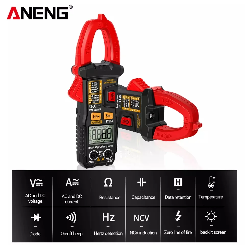 ANENG 디지털 클램프 멀티미터, ST191, ST192, ST193, 4, AC/DC 전류 6000 카운트, True RMS 커패시턴스, NCV Ohm Hz 트랜지스터
