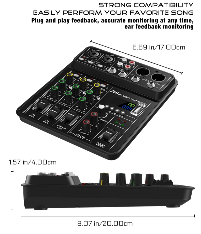 Audio Interface Mixer with Bluetooth USB Recording Computer 48V Phantom Power De