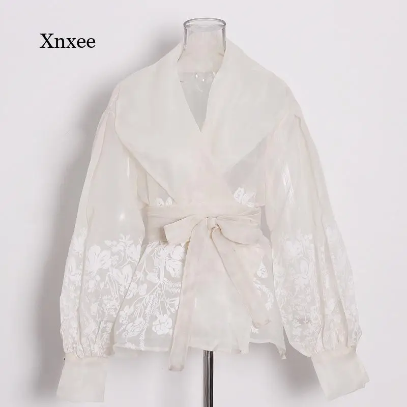 

Long Lantern Sleeve Blouse Vintage Print Embroidery Shirt for Women Lapel Casual Coat with Belt Female Fashion Tops New Clothes