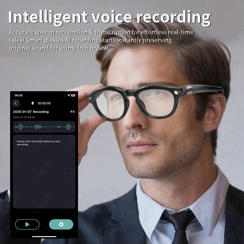 LIGE AI Smart Glasses 4K HD 800W Camera Shoot Video 290mAh Battery Voice Assistant Control Calling Outdoor Color-change Lenses