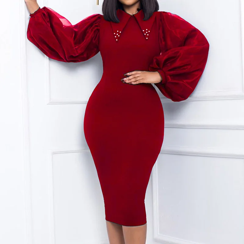 Autumn Net Yarn Patchwork Long Sleeve Nail Bead Solid Bag Hip Plus Size Dress for Women Doll Collar Slim Pullover Pencil Skirt