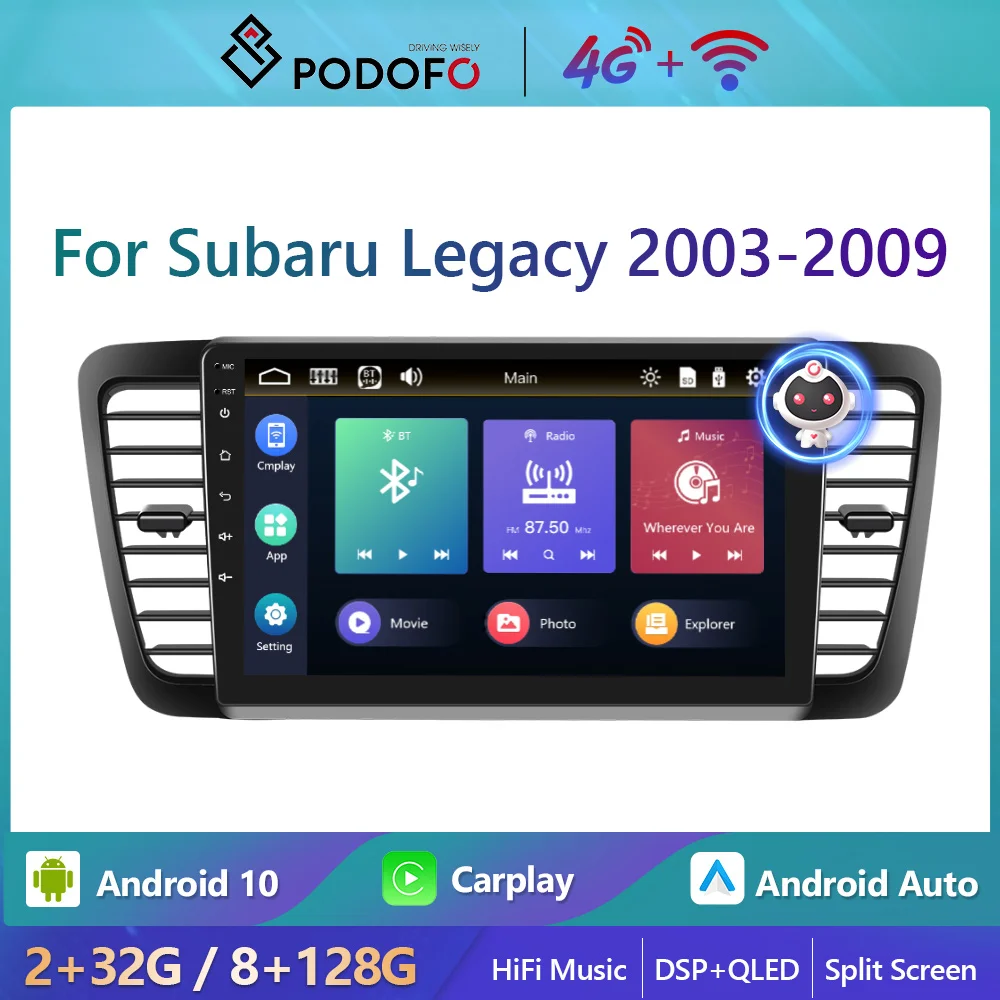 Podofo 8+128G 2din Android Car Radio For Subaru Legacy 2003 2009 4G