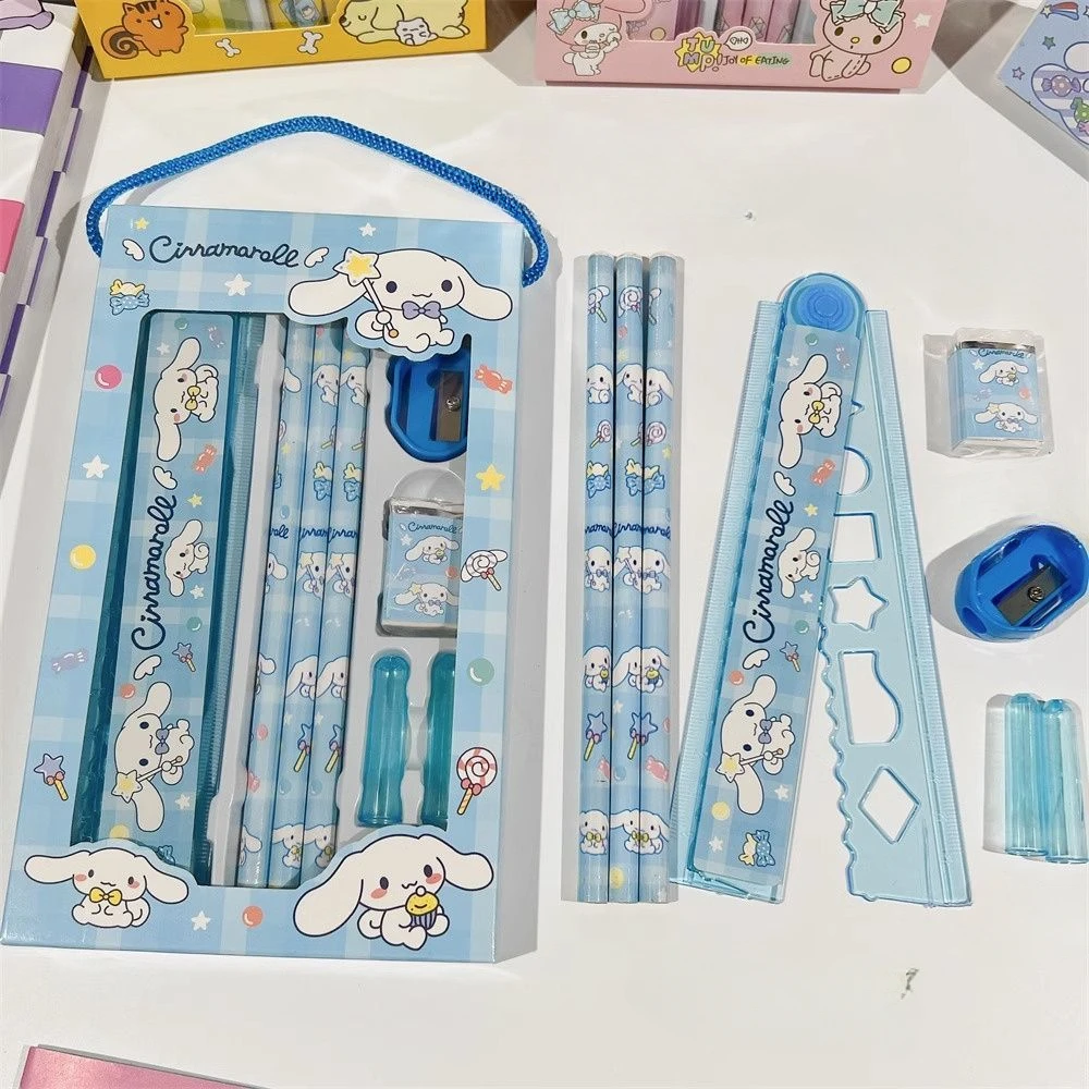 Sanrio Stationery Set Kawaii Hellokitty Melody Kuromi Cinnamoroll Children's School Supplies Pencil Eraser Ruler Christmas Gifts stationery set