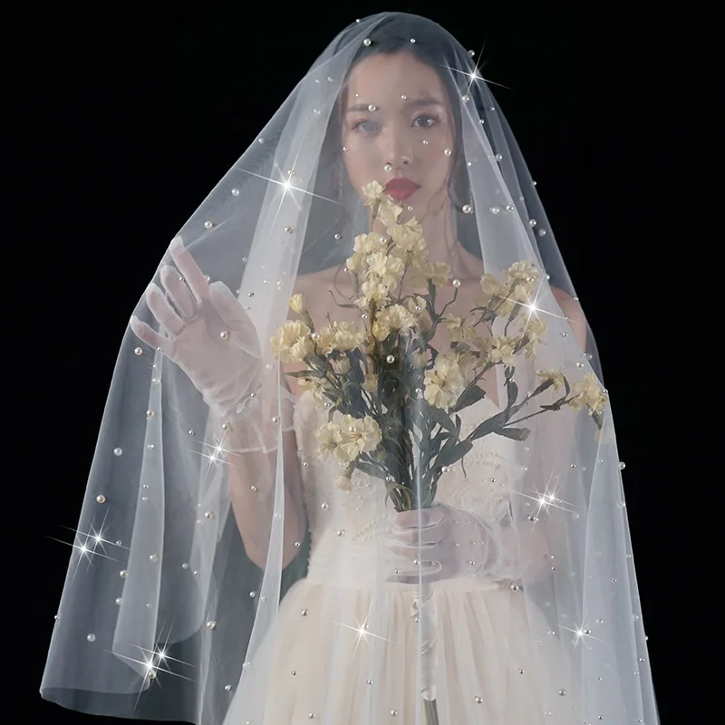 

Pearl Bridal Veil with Comb White Wedding Veil Pearls Veil 1 Tier Wedding Veil for Women Cathedral Bridal Veil