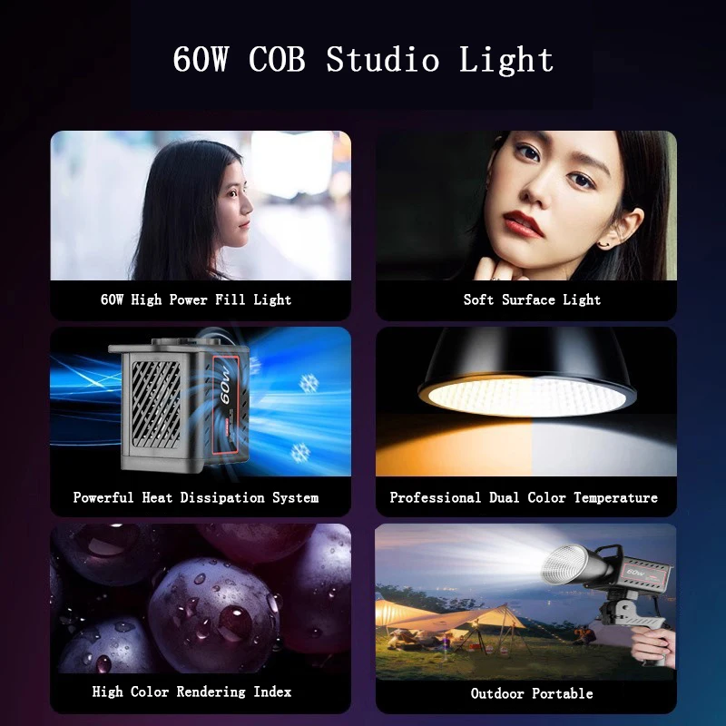 틱톡 라이브 스트리밍용 LED 비디오 조명, COB 사진 조명, 디밍 가능, 2800K-6800K 전문 스튜디오 램프, 60W