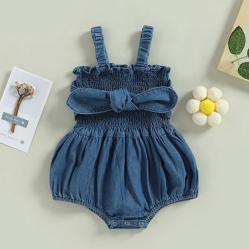 

Newborn Baby Girls Summer Denim Rompers Clothes Sleeveless Elastic Waist Bowknot Jumpsuits Playsuits Denim Overalls for Baby