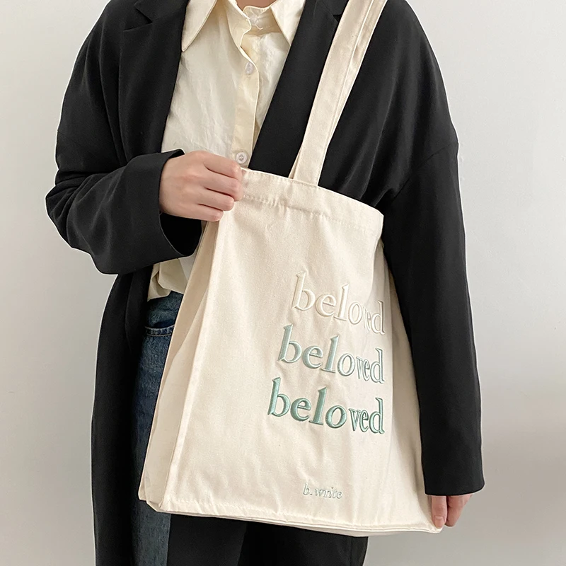 Women Canvas Shoulder Bag Beloved Embroidery Daily Shopping Bags Students Books Bag Thick Cotton Cloth Handbags Tote For Girls shoulder bag canvas tote bag