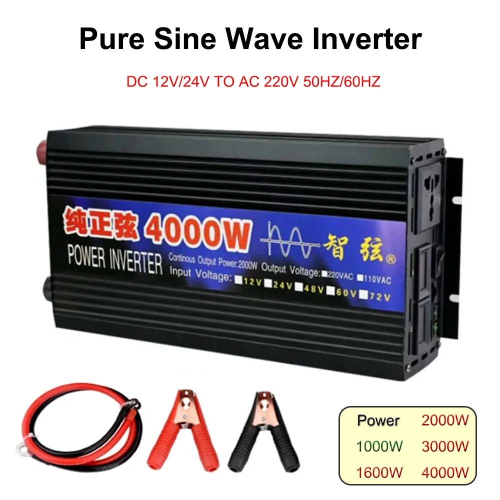 

Pure Sine Wave Inverter 4000W 3000W 2000W 1600W 1000W Power DC 12V 24V To AC 220V Voltage Converter Solar Car Inverters Converte