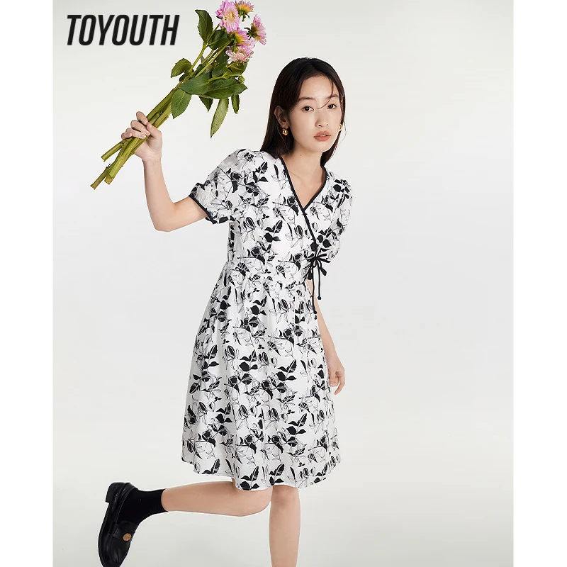 Toyouth Women Dress 2023 Summer Puff Sleeves Scollo A V A Forma Di A Vintage Ink Plant Printing Slim Waist Holiday Party Gonna Centrale