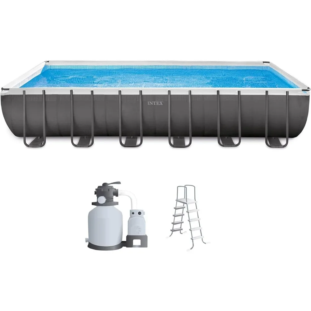 

Outdoor Above Ground Rectangular Swimming Pool Set w/Sand Filter Pump, Ladder, Ground Cloth & Cover， 24' x 12' x 52"