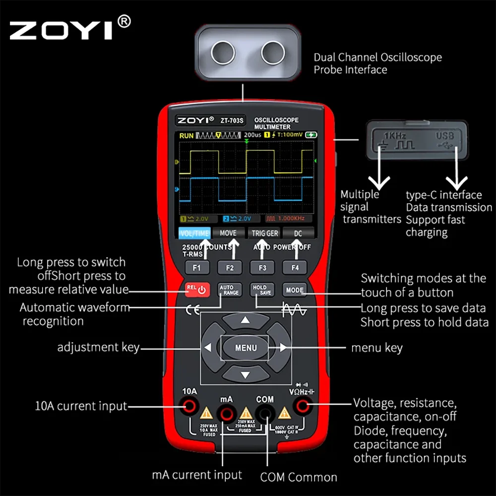ZT703S Color Screen Handheld Digital Oscilloscope Multimeter Auto Repair Instrument Multi-function Measurement Anti-burn