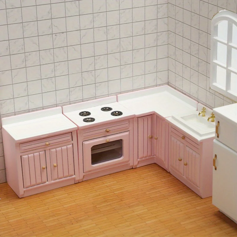 나무 핑크색 캐비닛과 싱크대가 포함된 Playdoll House 미니어처 가구 주..