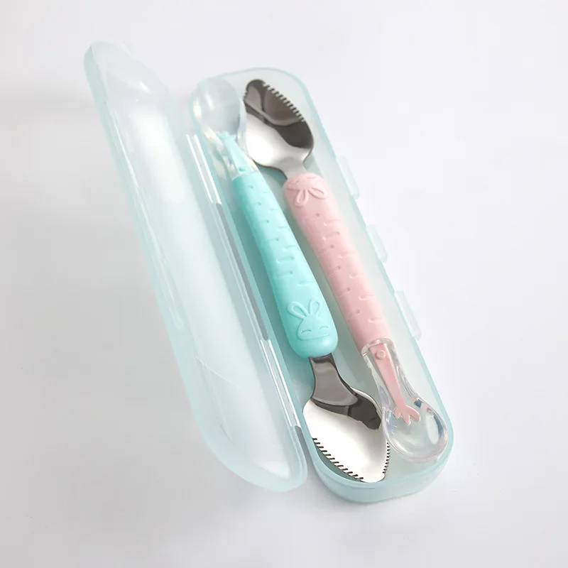 Baby Silicone Soft Spoon Stainless Steel Double Head Mud Scraping Fruit Mud Spoon Feeding Complementary Food silicone feeding spoon silicone cutlery set baby cutlery