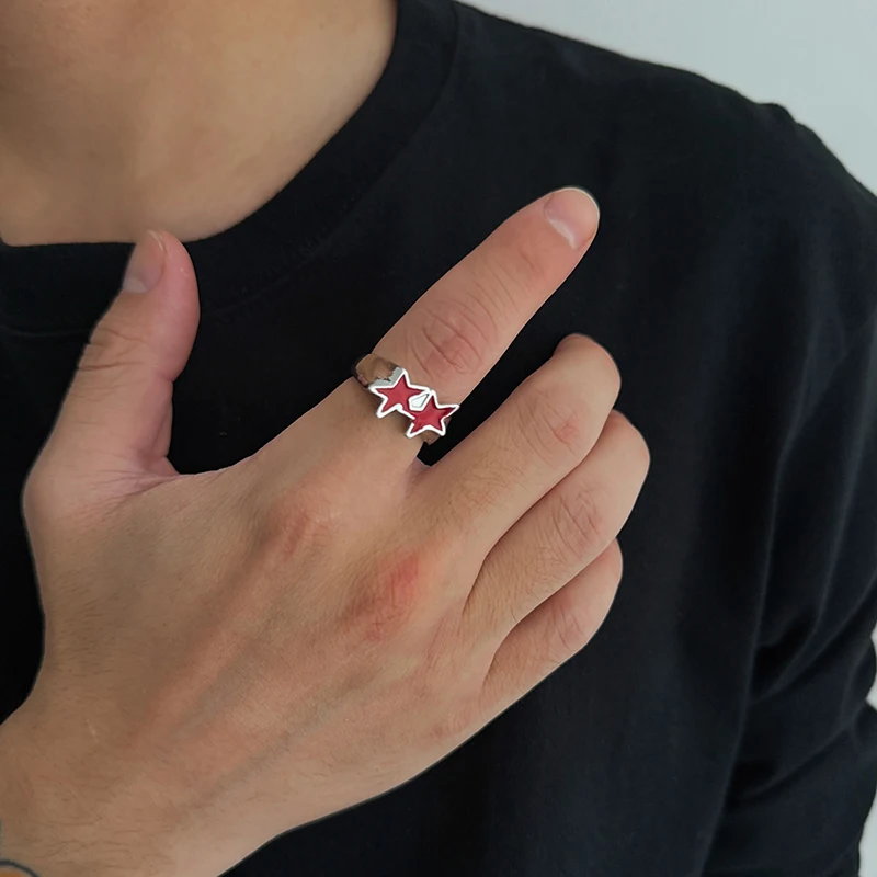 Vintage Black Drip Oil Pentagram Star Open Rings For Women Men Hip Hop Rock Metal Star Adjustable Couple Rings Jewelry 1