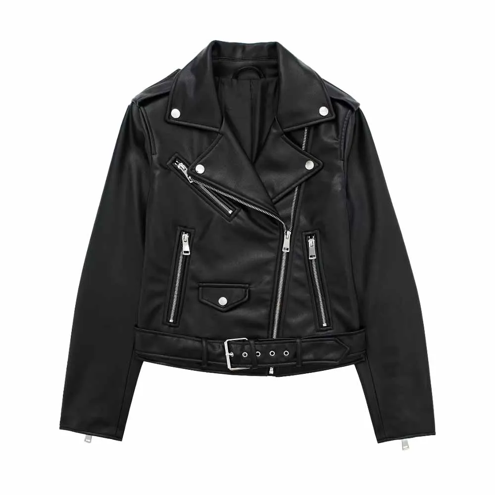 

TRAF Women's Imitation Leather Jacket Fall/Winter New Zipper Decoration Temperament Female Chic Locomotive Style Jacket 3046/060