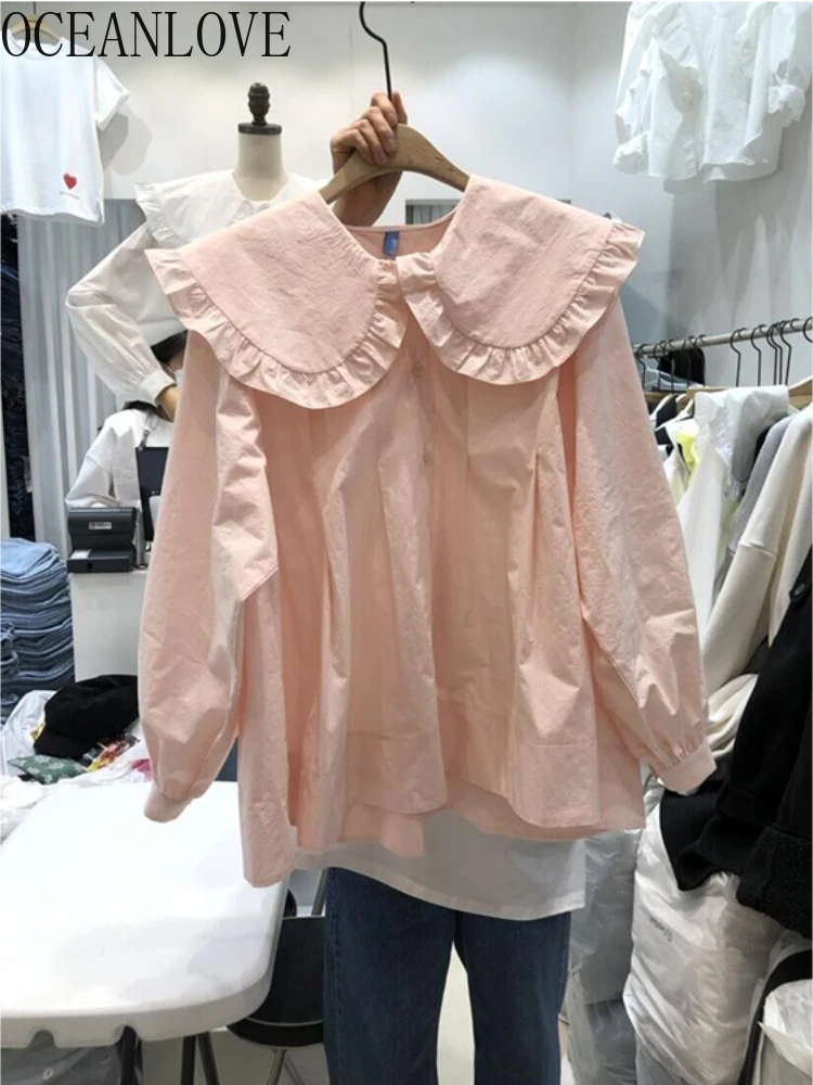 OCEANLOVE Peter Pan Collar Ropa Mujer Solid Spring Korean Chic Sweet Spring Women Tops Vintage Loose Blusas Kawaii - AliExpress