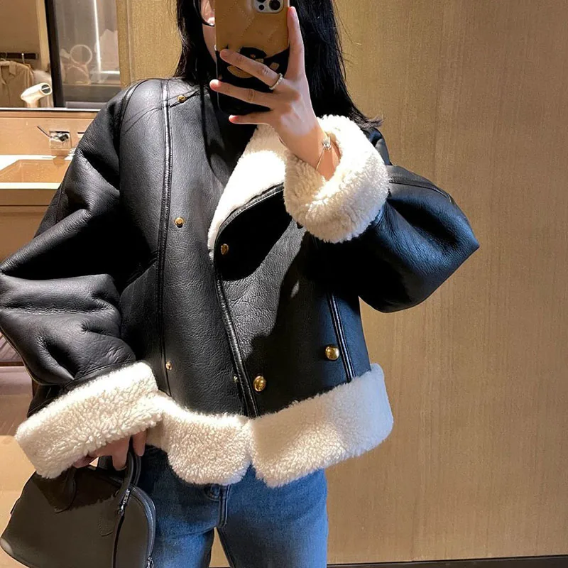 

Thicken Warm Women's Winter Jacket 2024 Korean Loose Double-faced Fur Coat Women Double Breasted Fashion Cashmere Jacket Female