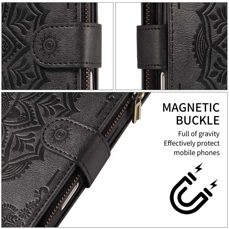 Zipper Leather Flip Phone Case with 9-Card Wallet Cover