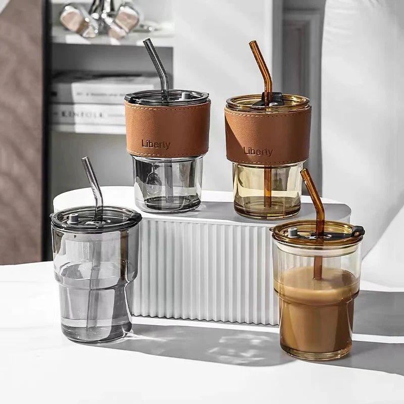 400ml Coffee Cup Glass Mug Cups With Lids and Straws Leak-proof