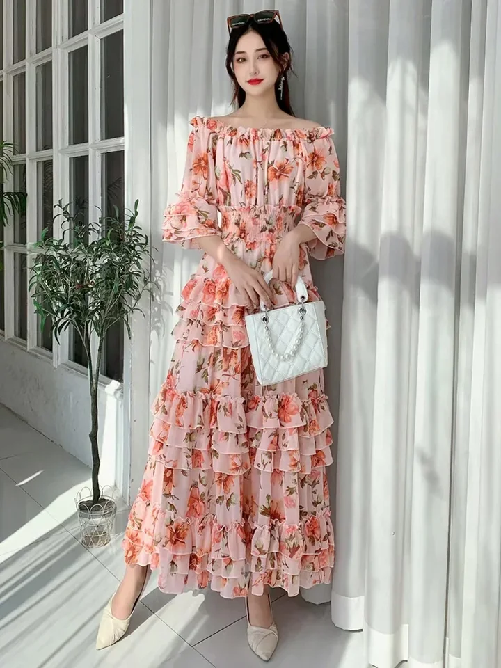 Gonna lunga rosa da donna in stile boho - gonna a scopa con bordo floreale - Italia
