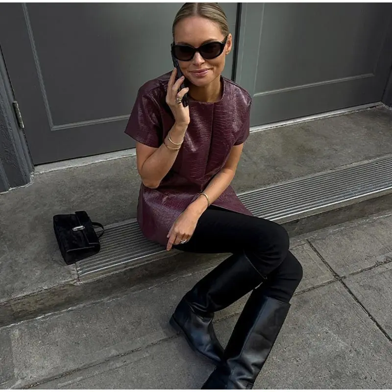Vintage PU Leather O-neck Shirts Women Casual Loose Solid Short Sleeve Single Breasted Shirt Female Spring Chic High Street Tops