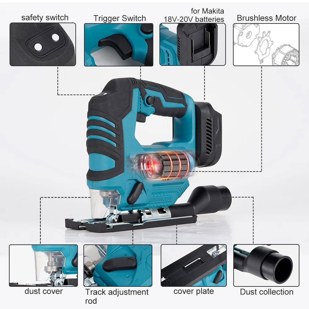 18V 300W Brushless Jigsaw Electric Jig Saw Blade Adjustable Scroll Saw  Woodworking Laser Power Tool for Makita 18V Battery