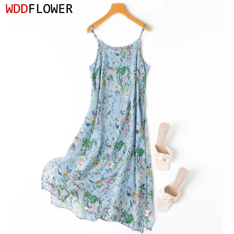 

Women Chemise Dress 100% Mulberry Silk With Lining Blue Floral Adjustable Straps Full Slip Long Dress M1114