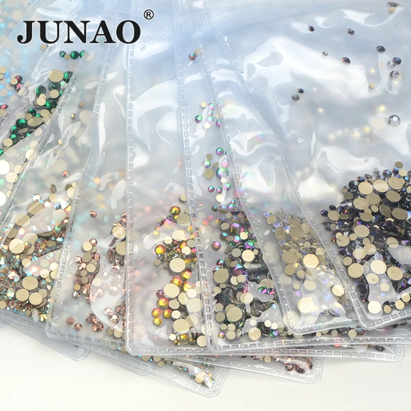 

JUNAO 1440pcs Mix Size Crystal AB Glass Rhinestones Flat Back Non Hotfix Strass Round Stone For Nail Clothes Decoration