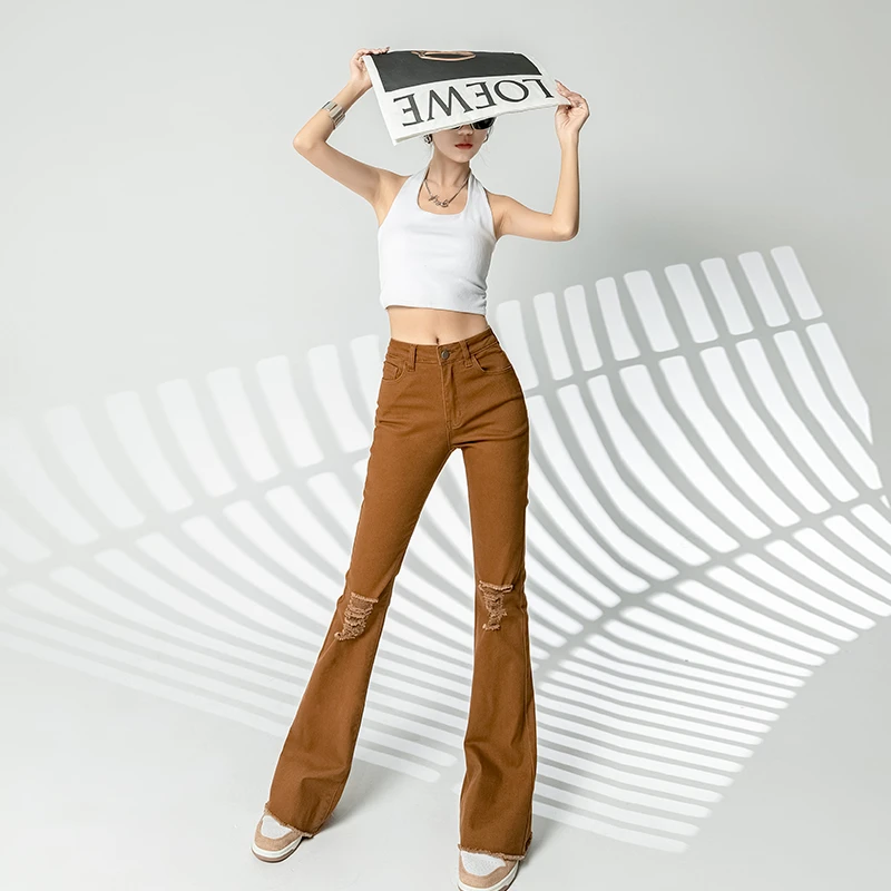 

American Retro Brown Ripped Jeans Women's 2022 Fall New High Waist Slim Micro-flare Pants Trendy Ins Denim Trousers 93092