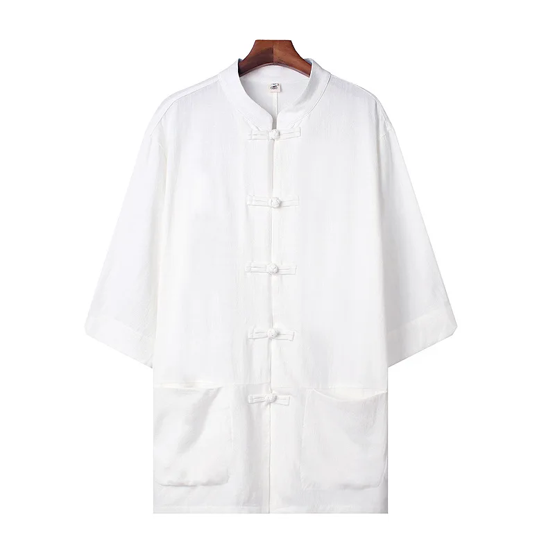 New Chinese Cotton and Linen Tang-style Hanfu Short-sleeved Large-size Retro Five-quarter-sleeved Shirt