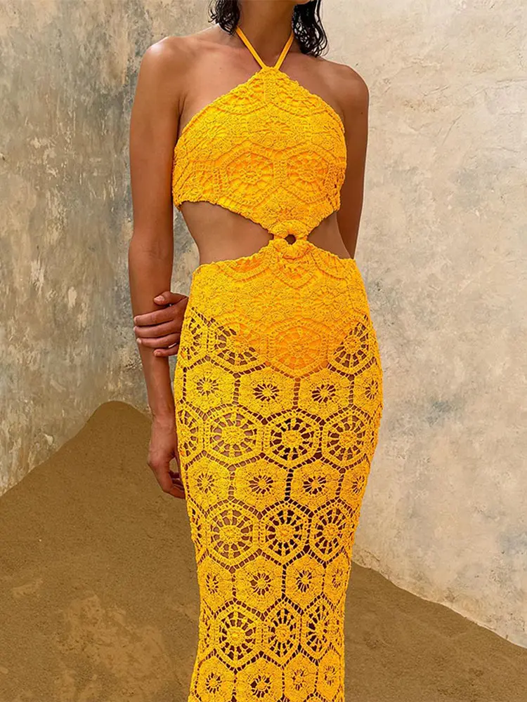 

Hooked Jacquard Flower Crochet Spliced Midi Dress Hollow Out Halter Sexy Skinny Off Waist Backless Robe Lady Holiday Vestidos