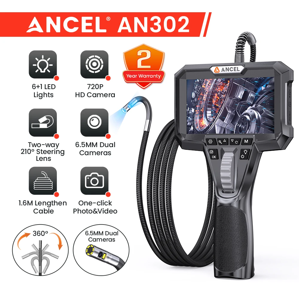 ANCEL AN302 자동차 내시경 7개의 LED 조명이 있는 양방향 관절형 내시경 듀얼 카메라 HD 내시경 자동차 검사 도구