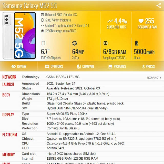 Samsung Galaxy M52 5G SM-M526B/DS ...